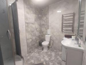 ein Bad mit einem WC, einem Waschbecken und einer Dusche in der Unterkunft Апартаменти в новобудові in Kulʼparkuv