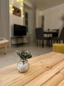 un vase assis au-dessus d'une table en bois dans l'établissement Appartement - Centre ville historique - Avec vue, à Aurillac