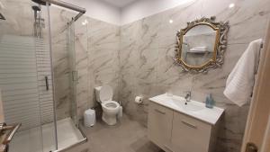 克雷馬斯蒂的住宿－Ma Maison Bleue，一间带卫生间、水槽和镜子的浴室