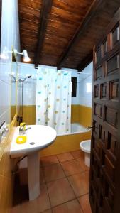 a bathroom with a sink and a toilet and a shower at La Casina de la Huerta in Llanes