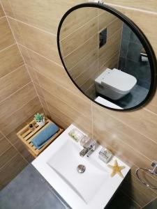 a bathroom with a mirror and a white sink at Dwie Owce in Istebna