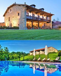 dos fotos de una casa y una piscina en Palación de Toñanes, en Toñanes