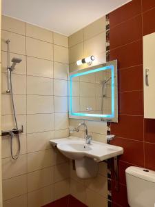a bathroom with a sink and a mirror and a toilet at Hotel Silver in Sozopol