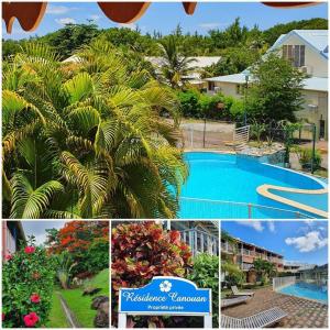 eine Collage mit Bildern eines Resorts mit Pool in der Unterkunft appartement KER-EOL Sainte-Anne avec piscine in Sainte-Anne