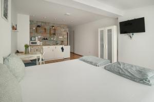 ソフィアにあるArt Studio Studentski gradの白いベッドルーム(白いベッド1台付)、キッチンが備わります。