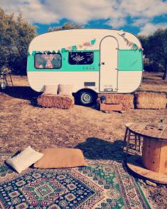 a green and white trailer parked in a field at SA MOLA GLAMPING EXPERIENCE Roulotte in Escolca