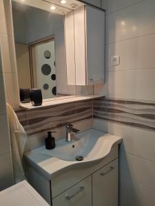 a bathroom with a sink and a mirror at Apartment Una in Bjelovar