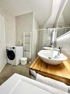 ein Badezimmer mit einem Waschbecken und einer Waschmaschine in der Unterkunft Lux Apartments Minja in Pale
