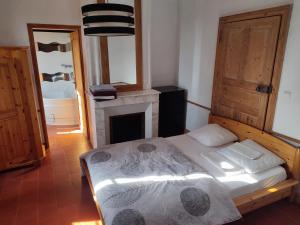 1 dormitorio con 1 cama y chimenea en Mas du Grand Bourry, en Le Cailar