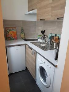 una pequeña cocina con lavadora y fregadero en Paris Esprit loft, lumineux en Aubervilliers