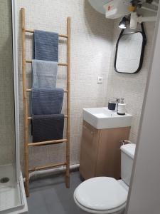 La salle de bains est pourvue de toilettes et d'un sèche-serviettes. dans l'établissement Paris Esprit loft, lumineux, à Aubervilliers