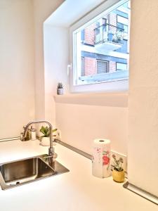 a kitchen with a sink and a window at Apartment Emilie with parking historic city center in Merano
