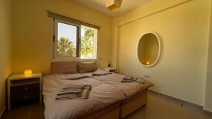 - une chambre avec un lit avec un miroir et une fenêtre dans l'établissement Sunset Sea View Villa, à Ayia Napa