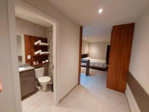 ein Bad mit WC und ein Bett in einem Zimmer in der Unterkunft Hotel Vila Suíça 1818 in Nova Friburgo