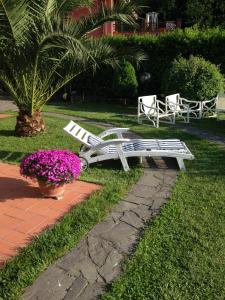 a white bench sitting on the grass next to flowers at Relax nella Natura in Bolano
