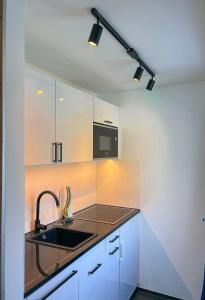 uma cozinha com um lavatório e um micro-ondas em Wunderstay Alpine 401 Chic Studio with Mountain view em Engelberg