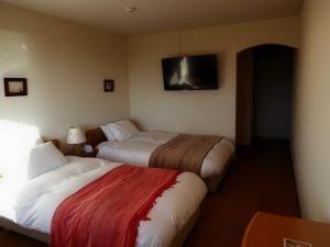 a hotel room with two beds and a flat screen tv at Hillside Inn Sirocco in Tateyama