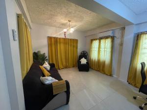 Mango Vert House في Arima: غرفة معيشة مع ستائر صفراء وأريكة