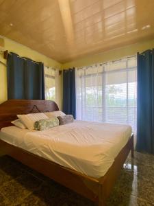 a bedroom with a bed with blue curtains and a window at Ferreto`s House in El Castillo de La Fortuna