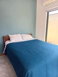 - un lit bleu dans une chambre avec fenêtre dans l'établissement Casa con piscina, à Portegolpe