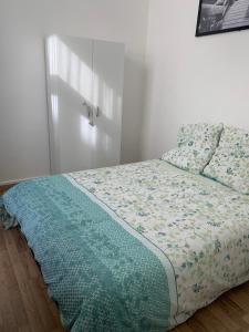 um quarto com uma cama com um edredão verde e branco em Le Voltaire 4 chez Adrien Hyper centre em Saint-Quentin