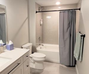 a bathroom with a white toilet and a shower at Boardman Ridge Penthouse Close to Town in Traverse City +15 photos