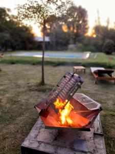 una mesa de picnic con fuego en un parque en Entre Las Sierras Cabañas en Villa Giardino