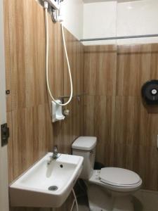 ein Bad mit einem WC, einem Waschbecken und einer Dusche in der Unterkunft CrisFil's Lodge Incorporated in Dumaguete