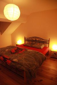 ブリュッセルにあるゲスト ハウス ヘイゼル ラーケン アトミウムのベッドルーム1室(ベッド1台、壁に照明2つ付)