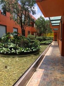 ein Gebäude mit einem Garten vor einem Gebäude in der Unterkunft Lujoso Loft moderno Santa Fe vive en la naturaleza in Mexiko-Stadt