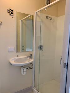 a bathroom with a sink and a glass shower at Fort Street Accommodation in Auckland