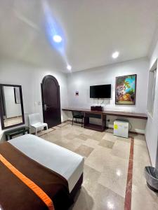 1 dormitorio con 1 cama y escritorio con TV en Hotel Ingenio Reina Isabel, en Cali