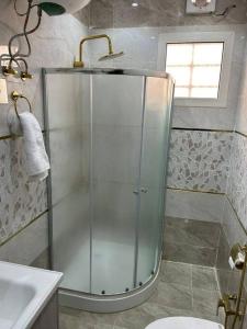 y baño con ducha, aseo y lavamanos. en غرفة صغيرة ساحرة, en Riad