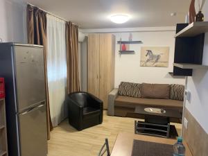 una pequeña sala de estar con sofá y nevera. en Studio Militari Residence MR_1, en Roşu