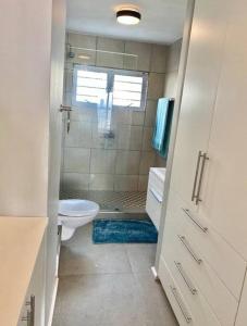 ein Bad mit einer Dusche, einem WC und einem Waschbecken in der Unterkunft Shore Break, 1 bedroom apartment in Umdloti