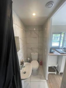 La petite salle de bains est pourvue de toilettes et d'un lavabo. dans l'établissement Studio indépendant - CDG, Paris,Disney,Astérix, à Arnouville-lès-Gonesse