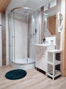 W łazience znajduje się prysznic i biała umywalka. w obiekcie Pokoje i Domki Na Szlaku w Polanicy Zdroju