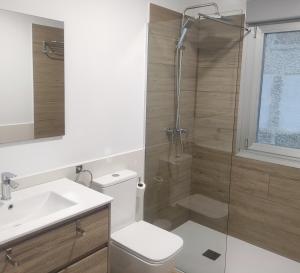 a bathroom with a shower and a toilet and a sink at Apartamentos O Grove Awa Bay in O Grove