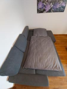 - un canapé gris dans une chambre dotée de parquet dans l'établissement Ferienwohnung Munzert, à Zell im Fichtelgebirge