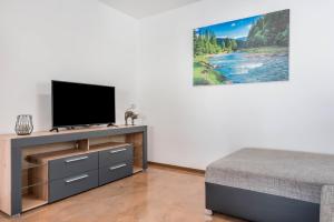 a living room with a flat screen tv on a entertainment center at Trojer Apartment 2 in Sarntal