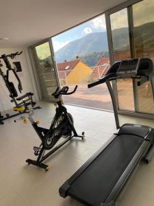 a gym with two exercise bikes and a treadmill at Exclusive Apartment Alassio with sea view in Alassio