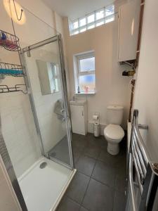 uma casa de banho com um chuveiro e um WC. em Modern Studio with Free Parking near sea-station-shops em Portslade