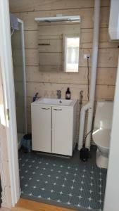 ein Badezimmer mit einem weißen Waschbecken und einem WC in der Unterkunft Loma Luonnonlapsi Tuli-mökki in Sotkamo