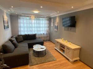 a living room with a couch and a flat screen tv at Eliz Appartements in Ringsheim