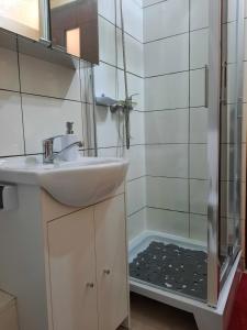 a bathroom with a sink and a shower at Pensjonat Wiktoria Mielenko in Mielenko