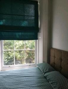 a bedroom with a window with a bed and a windowneauneauneau at One bedroom with garden in London
