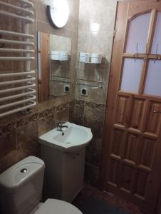 a bathroom with a toilet and a sink and a window at Pokoje Gościnne U Jaśka in Ząb