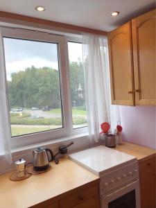 a kitchen with a large window and a sink at Erdvus butas su balkonu šalia ežero ir stadiono in Visaginas