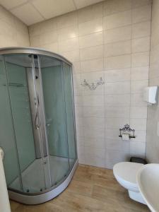 a bathroom with a glass shower and a toilet at Eglutė in Šilutė