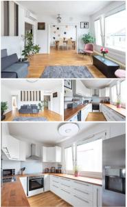 eine Collage mit Fotos von einer Küche und einem Wohnzimmer in der Unterkunft Nice rooftop hostel in Wien